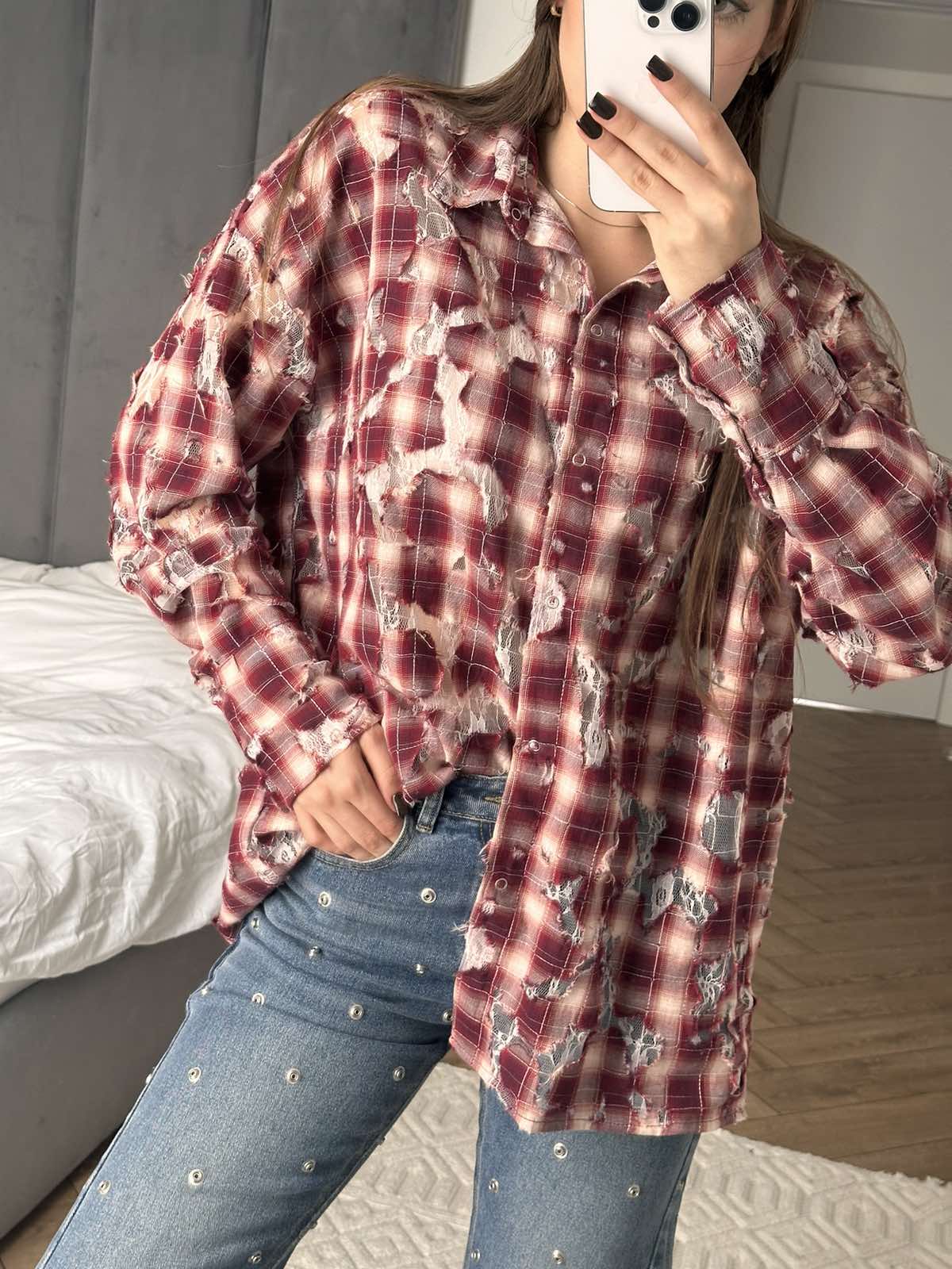 Lace checkered shirt, Bordeaux
